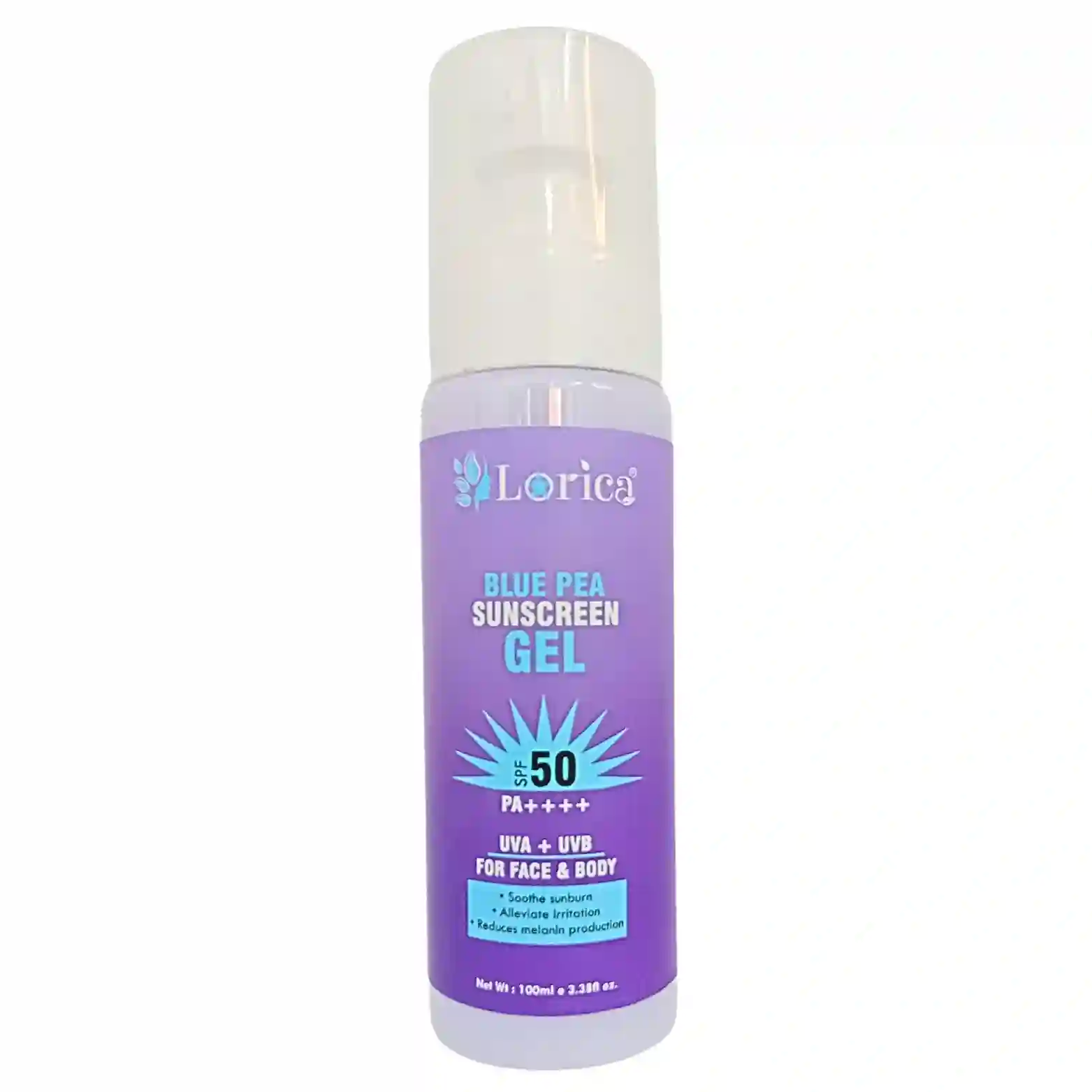 Lorica Glutathione Blue Pea Sunscreen Gel SPF 50 PA++++ UVA & UVB Protection | For All Skin Types | High Sun Protection | Soothe Sunburn | Ultra Lightweight Texture | Non-Greasy | Quick Absorption | Water and Sweat Resistant | Broad Spectrum Protection | Non-Tacky Finish |  No White Cast | For Men & Women | 100 ml