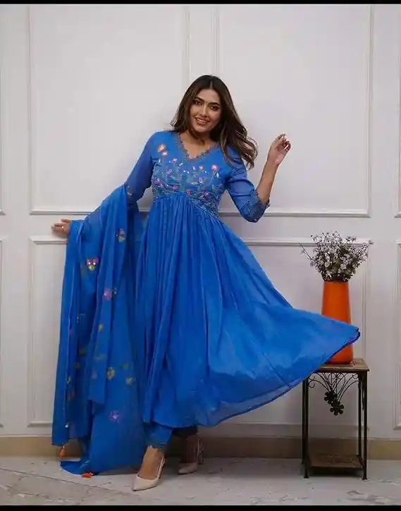 JV Kreations Women's Cotton Embroidered Long Anarkali Kurti with Pant and Dupatta Set