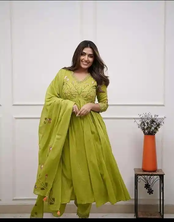 JV Kreations Women's Cotton Embroidered Long Anarkali Kurti with Pant and Dupatta Set