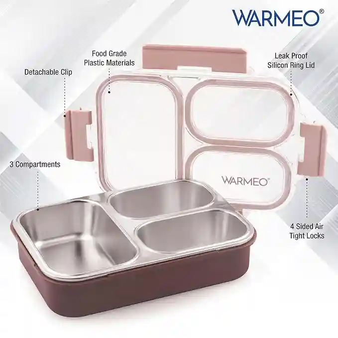 WARMEO BENTO Microwave-Safe Stainless Steel Lunchbox with 3 compartments,bpa Free,Perfect for Office, School, Travelling, 750ml-brown