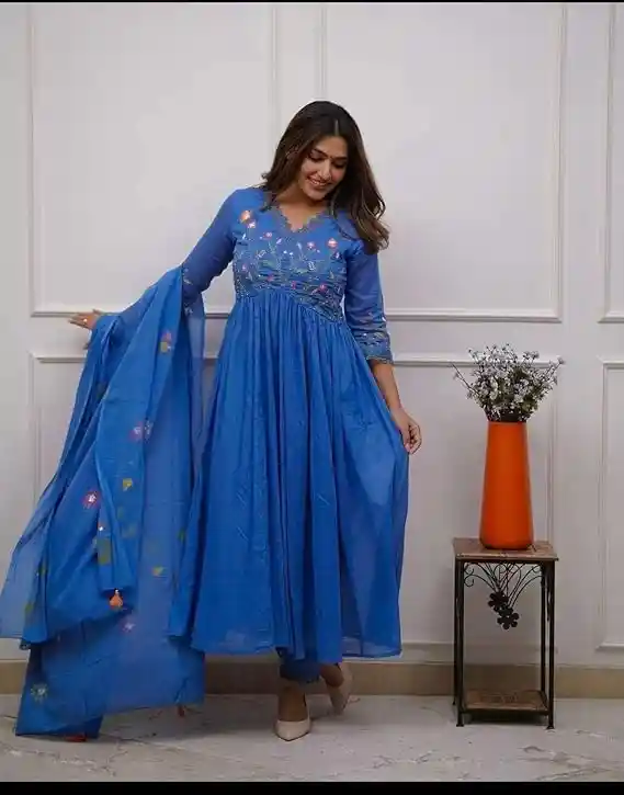 JV Kreations Women's Cotton Embroidered Long Anarkali Kurti with Pant and Dupatta Set