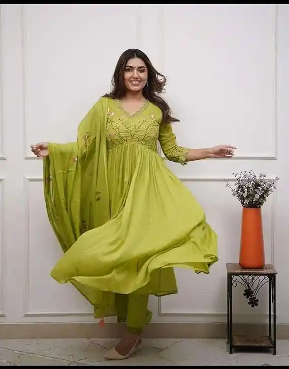 JV Kreations Women's Cotton Embroidered Long Anarkali Kurti with Pant and Dupatta Set