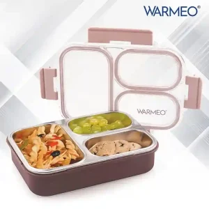 WARMEO BENTO Microwave-Safe Stainless Steel Lunchbox with 3 compartments,bpa Free,Perfect for Office, School, Travelling, 750ml-brown