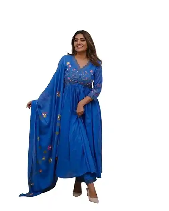 JV Kreations Women's Cotton Embroidered Long Anarkali Kurti with Pant and Dupatta Set