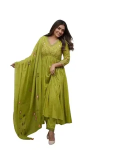 JV Kreations Women’s Cotton Embroidered Long Anarkali Kurti with Pant and Dupatta Set