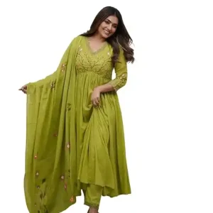 JV Kreations Women’s Cotton Embroidered Long Anarkali Kurti with Pant and Dupatta Set