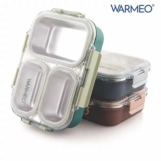 WARMEO BENTO Microwave-Safe Stainless Steel Lunchbox with 3 compartments,bpa Free,Perfect for Office, School, Travelling, 750ml-brown