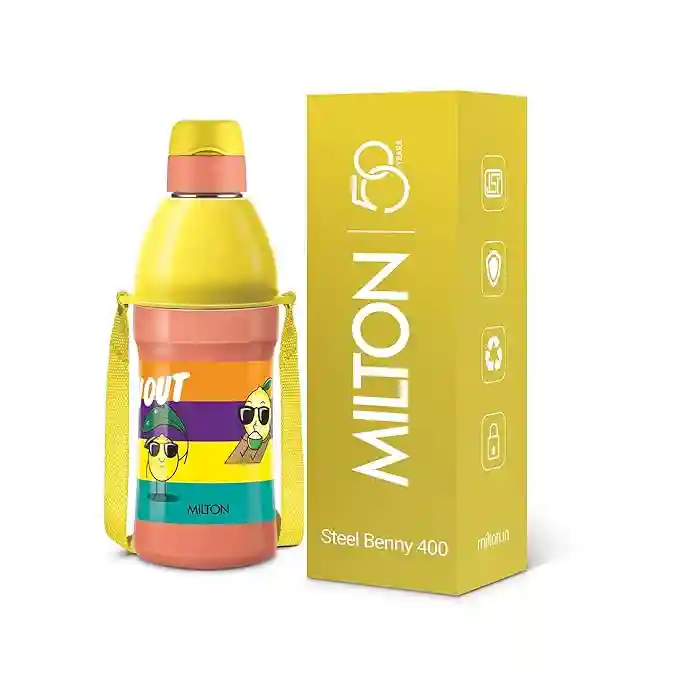 Milton Steel Benny 400 Thermoware PU Insulated, 380 ml Water Bottle with Straw for Kids, Leak Proof Flip Top Sipper Lid Bottle, School, Picnic, Easy to Carry Belt, Pink